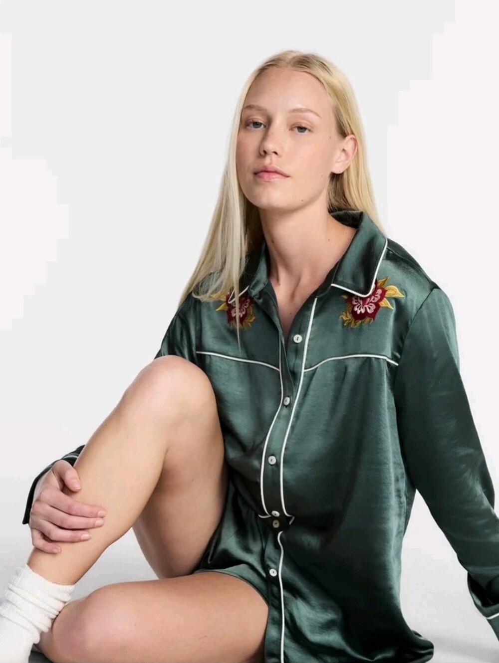 Embroidered Satin Green Button-Up Women's TopKacey Lee Women's Satin Sleep Shirt